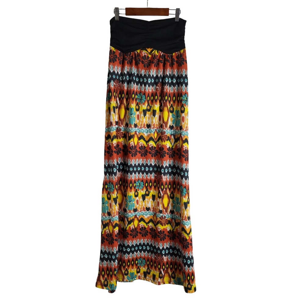Gold Drama Multicolor Ikat Floral Print Maxi Skirt Medium 
Festival Fashion
